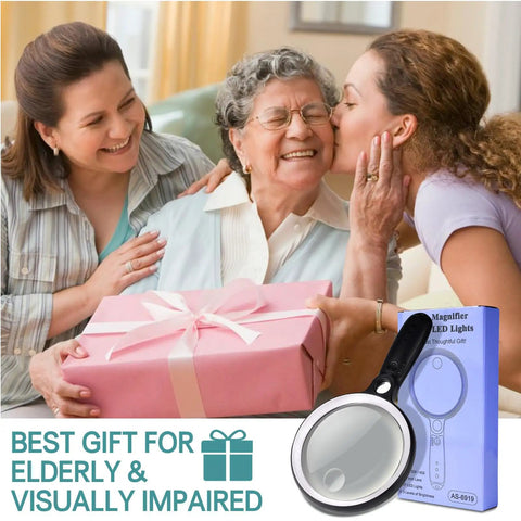 Family gifting Ultra Bright Handheld Magnifier With 37 LED Lights, 5.2-inch optical lens in package, best gift for elderly care.