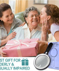 Rechargeable Handheld LED Magnifier With 37 Ultra Bright LEDs box next to elderly woman receiving a gift from smiling women