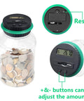 Digital Counting Piggy Bank With LCD Display For Adults 1.8L Transparent Coin Jar, green lid, showing coin count and adjustment buttons.