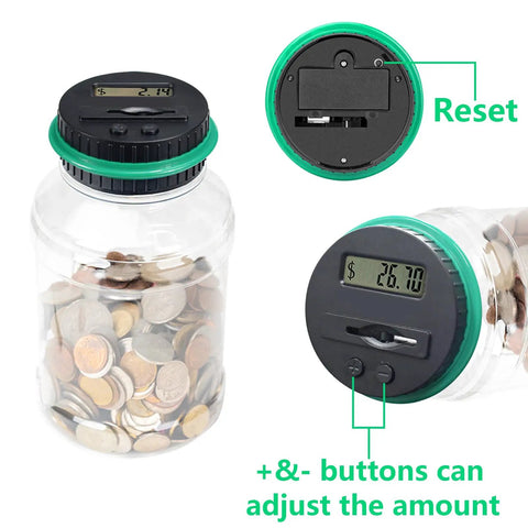 Digital Counting Piggy Bank With LCD Display For Adults 1.8L Transparent Coin Jar, green lid, showing coin count and adjustment buttons.