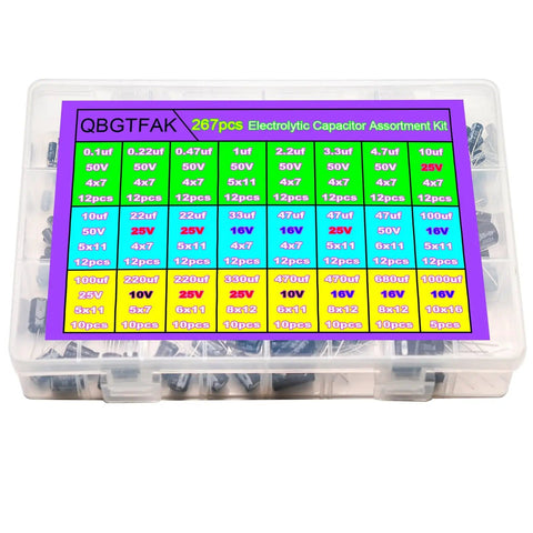Must-Have Electrolytic Capacitor Assortment Kit For DIY Electronics, 267 Pieces, 24 Types, 0.1uF-1000uF, 10V-50V in storage box