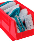 Heavy Duty Red Plastic Storage Bins 18 Pack With 15 By 8 By 7 And 15 By 16 By 7 Inch Sizes Stackable Hanging Crates For Badass Garage Organization Setup Legit Waterproof Totes Top Shelf Tool Workbench Gear filled with cleaning brushes.