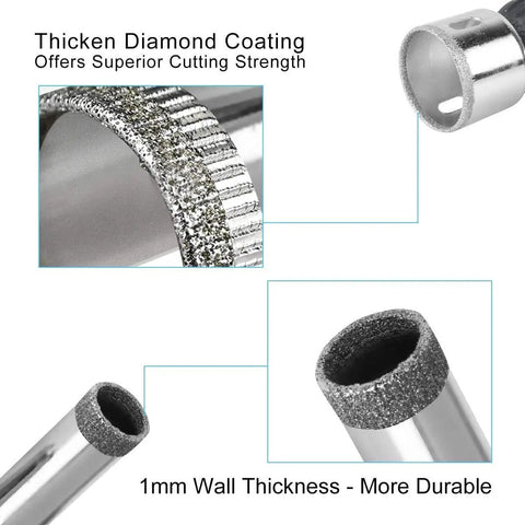 Diamond Drill Bit Set For Ceramic Glass Tile Stone Porcelain 6 To 14 mm 5 Piece Kit With Coated Grit showing close-up of tip