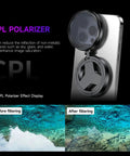 Magnetic CPL Filter For iPhone With Quick Mount 52mm Polarizing Phone Lens For iPhone 12 To 17 Anti Glare Reduces Reflections Boosts Color Contrast And Clarity One Second Snap On shown on phone with before and after water reflection images
