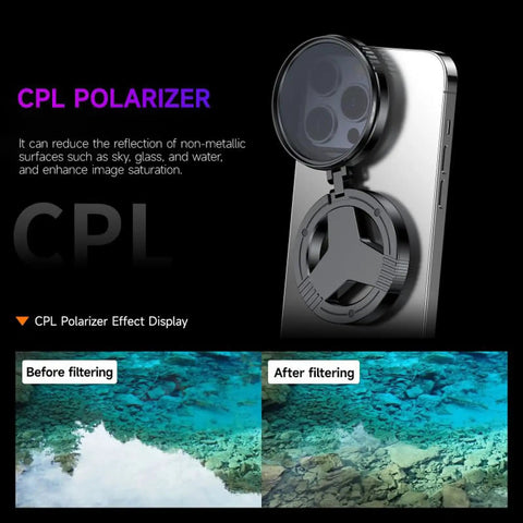 Magnetic CPL Filter For iPhone With Quick Mount 52mm Polarizing Phone Lens For iPhone 12 To 17 Anti Glare Reduces Reflections Boosts Color Contrast And Clarity One Second Snap On shown on phone with before and after water reflection images