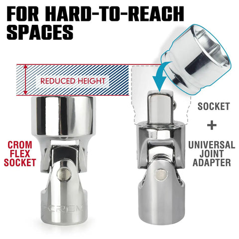 1/4 Inch Drive 12-Piece Swivel Socket Set, 6-Point Metric 5mm To 15mm, Flexible Joint For Tight Spaces, Aluminum Storage Rail Included, Easy Access To Hard-To-Reach Fasteners, chrome flex socket and universal joint adapter