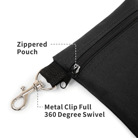 Close-up of Durable Golf Tee Pouch With Zipper And Clip 600D Polyester Ball And Tee Bag showing zippered pouch and metal swivel clip