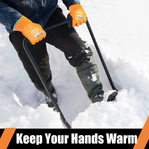 Man using snow tools with Winter Waterproof Work Gloves For Men, Insulated Cold Weather Gear That Keeps Your Hands Warm And Dry In 0 C And 32 F.