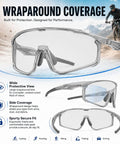 Kick Everyday Glare To The Curb With These Ultra Light Photochromic Polarized Safety Glasses Featuring Rapid Lens Tinting Rock Solid UV Protection And Zero Eye Strain For Riding And Travel. Clear wraparound safety glasses showing wide protective view and ergonomic design.
