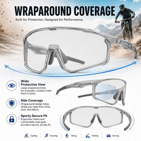 Kick Everyday Glare To The Curb With These Ultra Light Photochromic Polarized Safety Glasses Featuring Rapid Lens Tinting Rock Solid UV Protection And Zero Eye Strain For Riding And Travel. Clear wraparound safety glasses showing wide protective view and ergonomic design.