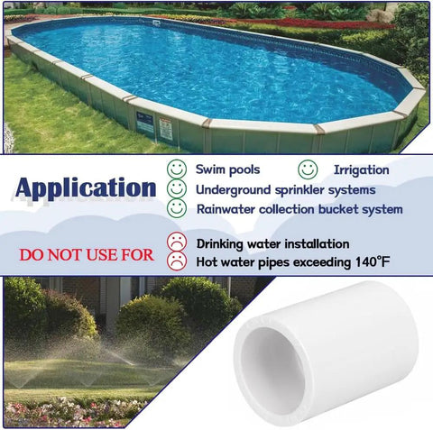 Applications of 10 Pack 3/4 Inch PVC Pipe Coupling Fittings Socket To Socket Slip Connectors for plumbing, pool, and irrigation projects.