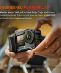 Hands holding DJI Osmo Action 6 Street Snap Kit Camera Cage With Quick Release Hand Grip Built In Battery Storage