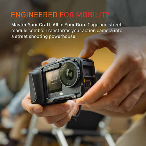 Hands holding DJI Osmo Action 6 Street Snap Kit Camera Cage With Quick Release Hand Grip Built In Battery Storage