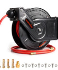 Hardcore Workhorse Retractable Air Hose Reel Runs 50 Ft Of Hybrid Polymer Tubing With Slick Auto Rewind Tech And Heavy Duty Steel Arm Wall Mounted with accessories.