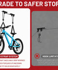 2 Pack Bike Ceiling Hoist Storage System for Garage Weight Lifting Gear 88 Pounds Capacity Heavy Duty Steel Pulley Rack Organizer holding a bike