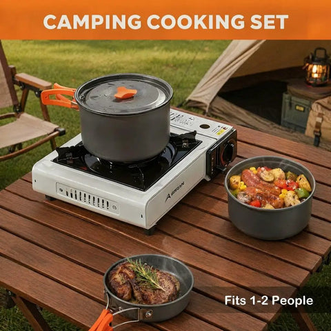 Ultra Lightweight 12 Piece Camping Cookware Set For Backpacking And Hiking Nonstick Pot And Pan with food on camp table