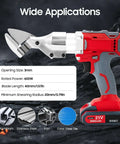21V cordless metal shears with variable speed for cutting aluminum and iron, showcasing blade and battery details in a workshop setting