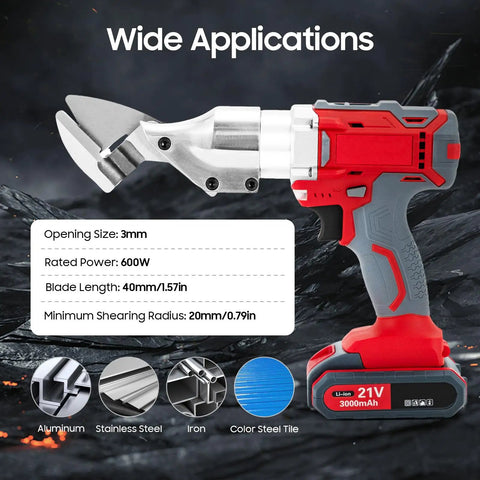Powerful 21V Cordless Sheet Metal Shear With Brushless Motor And Two Speed Settings, showcasing shearing head and handle.
