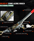 Heavy Duty Come Along Winch 4 Ton 8800 Lbs Tension Dual Gear Ratchet Hand Winch with coated steel rope and three hooks.