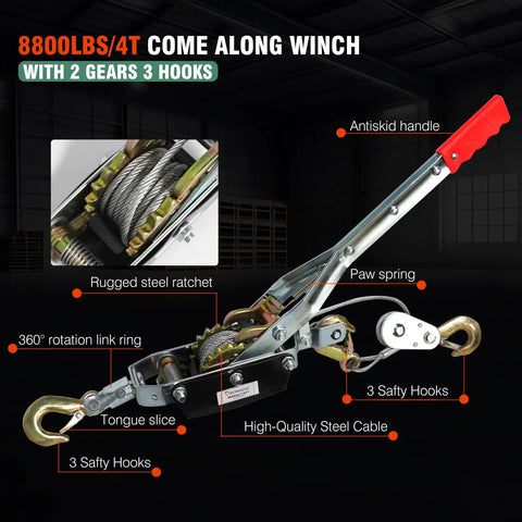 Heavy Duty Come Along Winch 4 Ton 8800 Lbs Tension Dual Gear Ratchet Hand Winch with coated steel rope and three hooks.