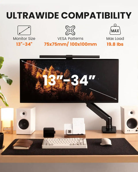 Fully Adjustable Monitor Arm For 13 To 34 Inch Monitors With Tool Free VESA Mount, Cable Management, desktop setup view