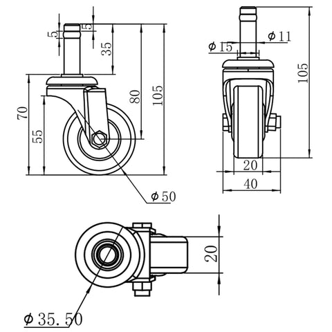 Smooth Rollin Rock Solid Heavy Duty Caster Wheels Set Of 4 With 7 16 Inch Stem Swivel TPR Replacement Wheels technical drawing