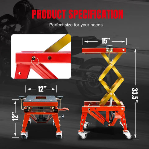 Beefy Heavy Duty Hydraulic Foot Operated Motorcycle Lift Table With 350 Lb Capacity, 15 By 11.5 Inch Platform, Scissor Lift Jack