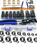 140 Piece Spring Band Hose Clamp Set 6 To 25Mm In 14 Sizes With Swivel Flat Hose Clamp Pliers in storage box