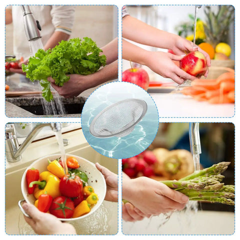 Stainless Steel Sink Strainer Basket 2.25 Inch Drain Hair Catcher 4 Pack for kitchen, shown with fresh produce.