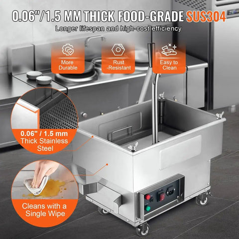 Portable Commercial Oil Filter Machine With 18 Gallon Tank And Fast Drain Cart For Deep Fryer Service High Filtration Speed showcasing 0.06" thick stainless steel.