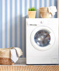 Easy Peasy Peel And Stick Self Adhesive Wallpaper With Chill Blue And White Hand Drawn Stripes For A Total Boho Room Glow Up And Flawless Temporary Decor Without Any Hassle with modern washing machine and plants.