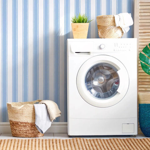 Easy Peasy Peel And Stick Self Adhesive Wallpaper With Chill Blue And White Hand Drawn Stripes For A Total Boho Room Glow Up And Flawless Temporary Decor Without Any Hassle with modern washing machine and plants.