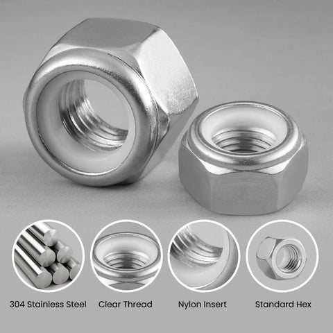 SAE Lock Nuts Assortment Kit 136-Piece Nylock Locknut Set 304 Stainless Steel Nylon Insert for Automotive Projects