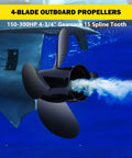 Fourteen Point Two Five Inch Diameter 19 Pitch Four Blade Aluminum Outboard Propeller For Mercury And Mercruiser Sterndrives 135 150 175 200 220 225 250 300 HP Right Hand Rotation Hub Kits Included Fifteen Tooth displayed underwater