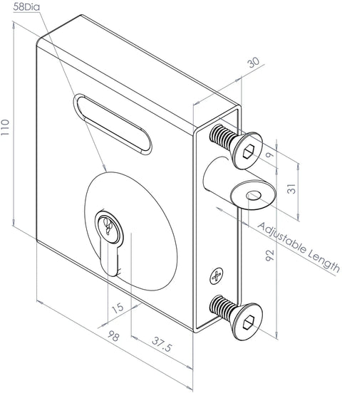 Heavy Duty Bolt On Long Throw Key Latch For Outdoor Gates Stainless Steel Double Sided LockIncludes Three Keys and Support Plate dimensions drawing