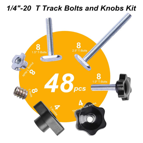 48 Piece T Track Bolts And Knobs Kit For Woodworking Jigs And Fixtures One Quarter Inch By Twenty T Bolts And Star Knobs Easy DIY Hardware