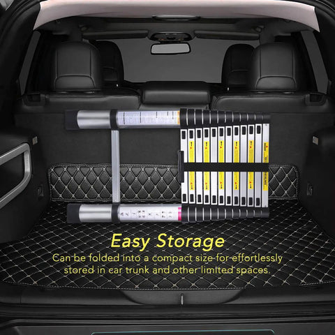 Telescoping Extension Ladder 12 and a Half Ft Aluminum Alloy Lightweight Workhorse folded in car trunk for easy storage.
