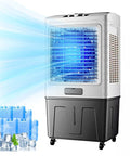 Heavy Duty Portable Evaporative Swamp Cooler Packing Three Fan Speeds One Twenty Degree Sweep And A Massive Hundred Gallon Tank cooling airflow with ice packs on patio.