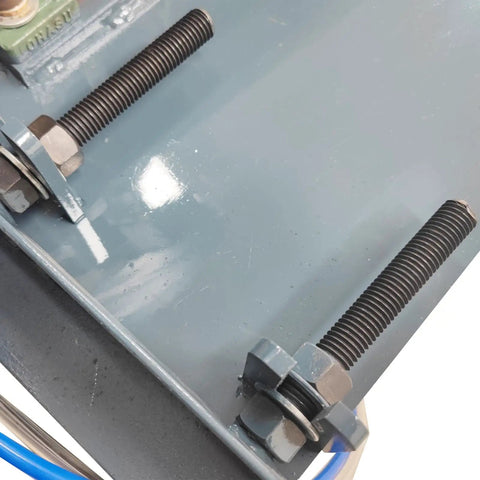 Heavy Duty Pneumatic Pipe Cutter For 0.78 To 3.94 Inch Round And Square Metal Tubes 220V showing detailed bolt assembly on the cutting base.