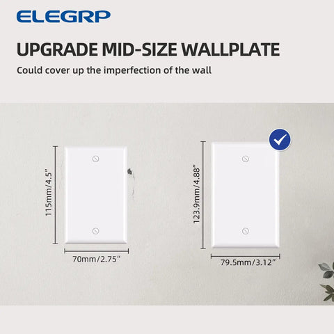 Built Tough Unbreakable 1-Gang Blank Device Wall Plate Set Mid Size 4.88-Inch High by 3.13-Inch Wide Glossy White Polycarbonate Faceplates For Unused Outlets And Switches UL Listed 5 Pack showing size comparison