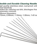 Pro Grade Carburetor Cleaner Tool Kit With Ten Precision Cleaning Needles, stainless steel cleaning needles, various diameters for carburetor use.