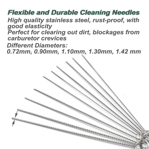 Pro Grade Carburetor Cleaner Tool Kit With Ten Precision Cleaning Needles, stainless steel cleaning needles, various diameters for carburetor use.