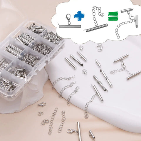 All Size Slider Clasp Jewelry Making Kit with beading tube ends, lobster clasps, jump rings, chain extenders in silver, 6 sizes