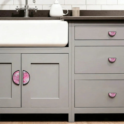 Dope Pink White Glitter Fluid Art Cabinet Pulls With Black Semicircle Drawer Handles 3 Inch Center Hole Solid Cabinet Hardware in kitchen.