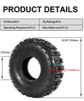 4.10/3.50-4 4-Ply Off Road Heavy Duty Tire for Lawn Mower with detailed dimensions in inches and PSI rating