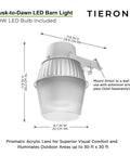 Diagram of No Fuss 250W Equivalent Barn Light With 29W LED Bulb Energy Saving Outdoor Dusk To Dawn Flood Light With Photocell UL Listed Security Light For Barn Garage Yard Warehouse 4000K 3300LM 120V Gray 1 Pack showing dimensions and features.