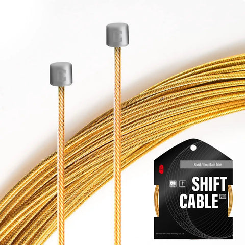 Polished Bike Shifter Cable for Shimano and SRAM 1.1x2100mm Gold, packaging and cable close-up view.