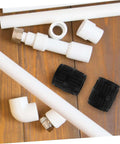 Two Pack Deburring Reamers for Tubing Inner and Outer Chamfering Tools, shown with plumbing pipes and fittings on wooden surface