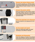 Top Shelf Automatic Filling Machine For Grains And Seeds Straight Up Fast shows setup steps for 100g dispenser with stainless steel components.