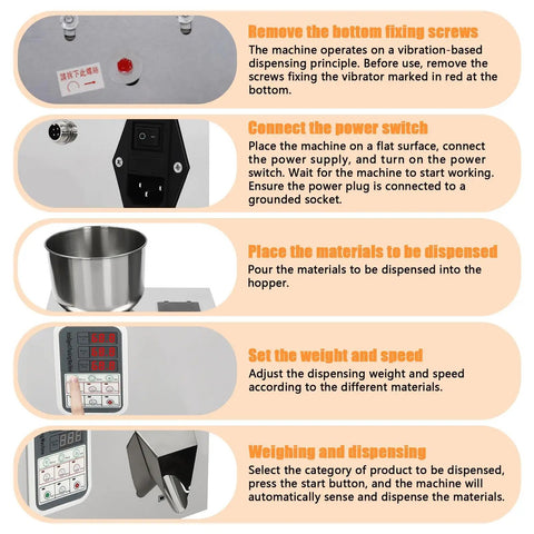 Top Shelf Automatic Filling Machine For Grains And Seeds Straight Up Fast shows setup steps for 100g dispenser with stainless steel components.